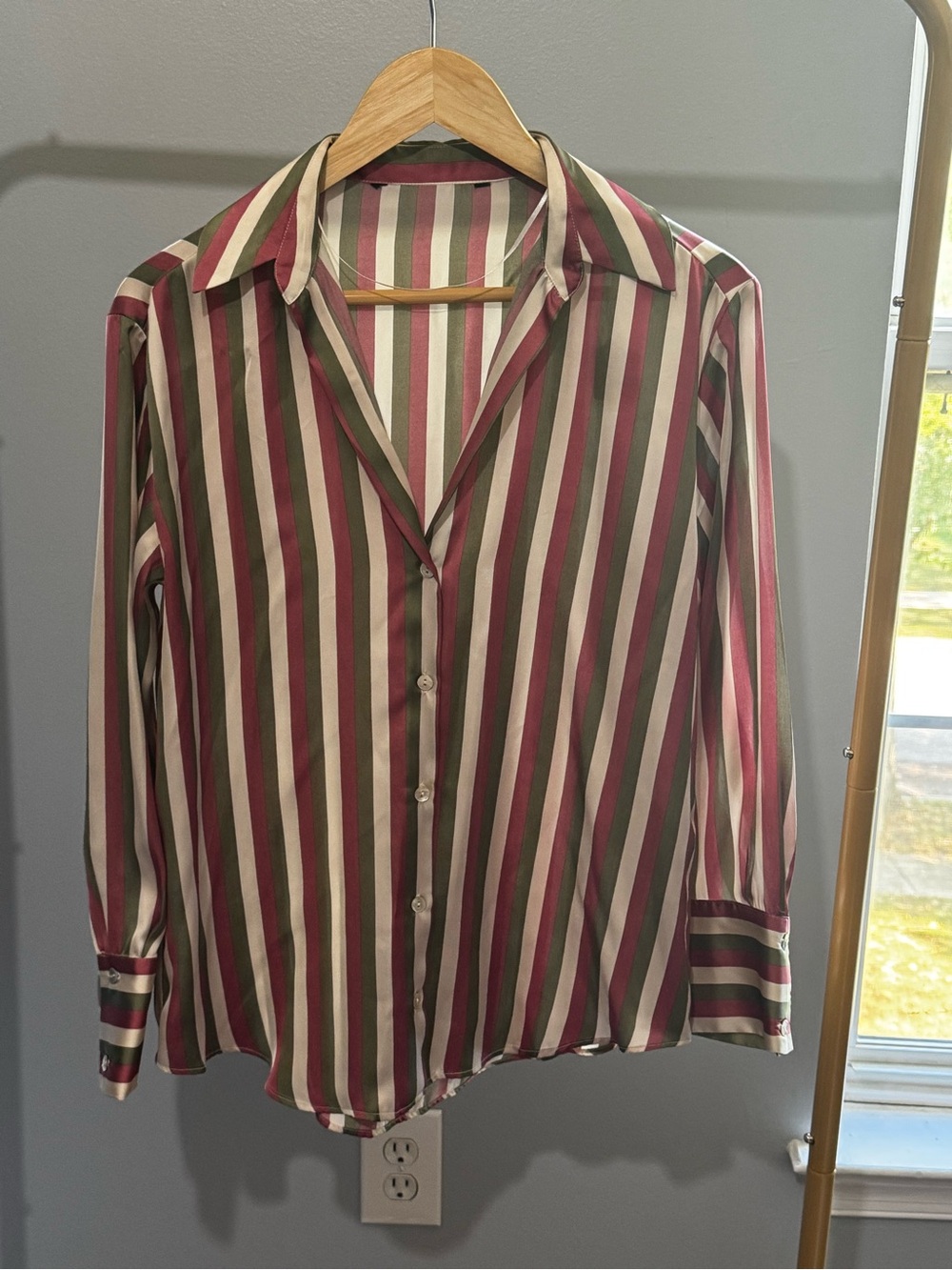 Zara Satin Mob Wife Striped Long-Sleeve Button-Up Shirt - Pink/Green/White